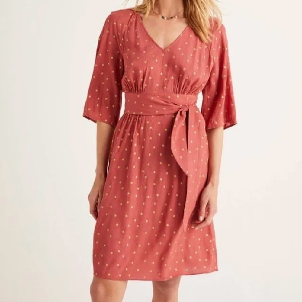BODEN Party/Career Dominique Belted V-Neck Burnt Orange Gold Dot Elbow Dress 8P